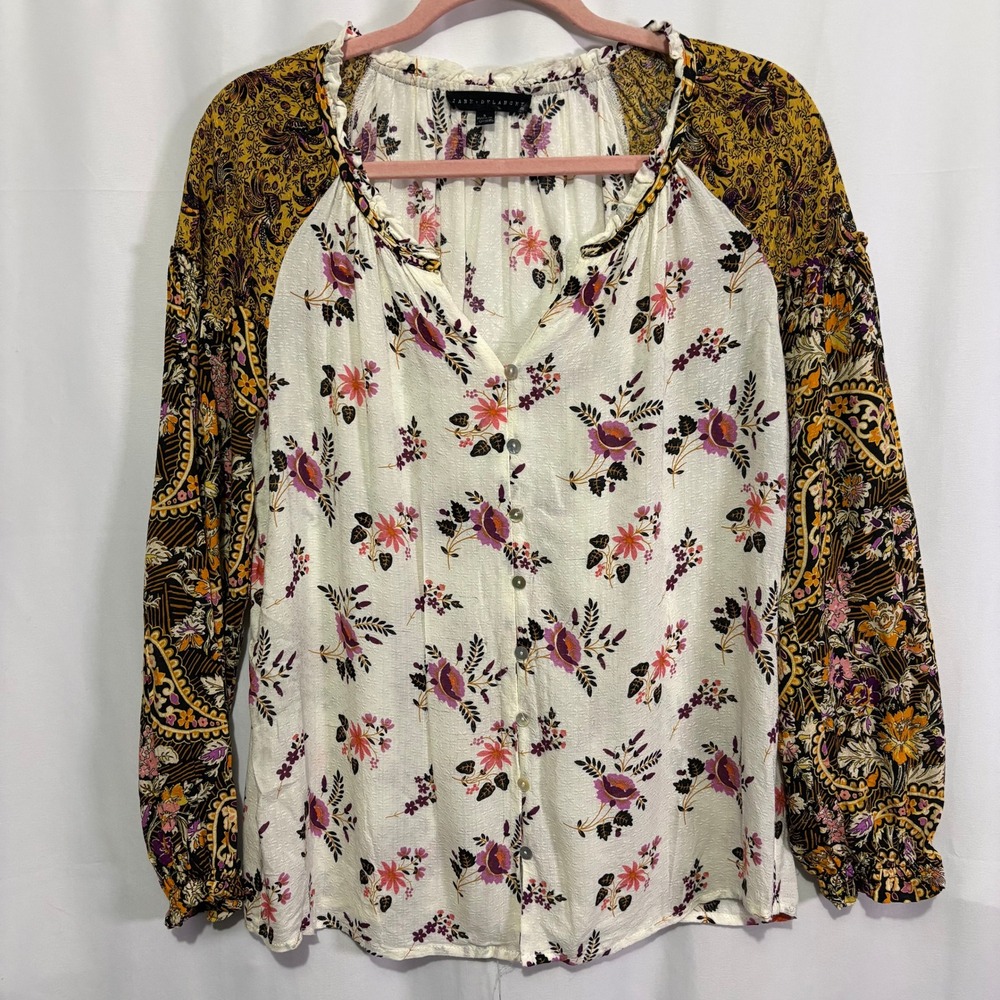 Jane + Delancey Floral Paisley Mixed Print Button Front Blouse Cream Small Boho